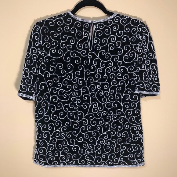 Vintage Laurence Kazar Swirl Pearl Beaded Silk Top - Picture 10 of 11